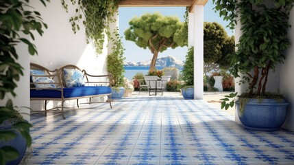 Coastal Mediterranean Style Patio with Blue and White Tiles and Olive Trees. Generative AI.