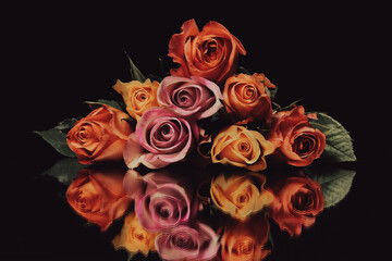 Beautiful Vintage Bouquet of roses and flowers with a filter over, used for love and passion and wedding bells. Shot on a reflective surface in a studio with a dark black background. 
