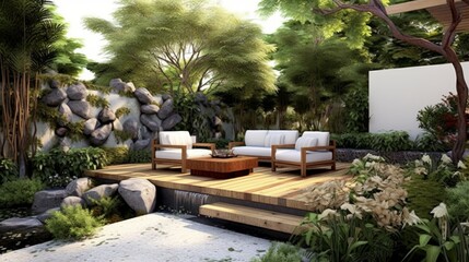 Obraz premium Contemporary Asian Style Patio with Water Feature and Zen Garden. Generative AI.