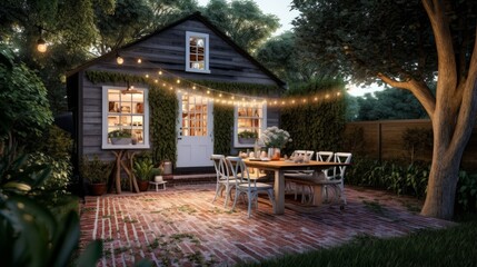 Fototapeta na wymiar Cozy Farmhouse Style Patio with Brick Flooring and String Lights. Generative AI.