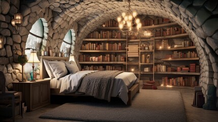 Enchanted underground bunker with fairy tale bedroom and library. Generative AI.