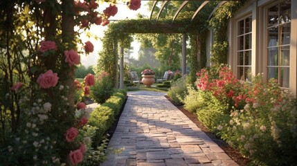 English Garden Style Patio with Rose Arbor and Stone Path. Generative AI.