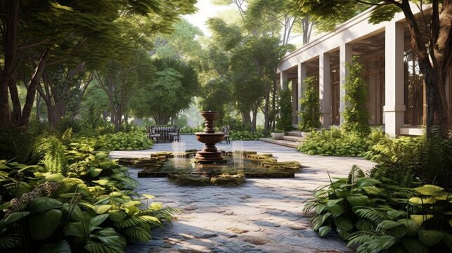 Elegant Stone Patio with Water Feature and Lush Greenery. Generative AI.