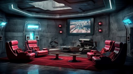 Futuristic underground bunker with high-tech gadgets and media room. Generative AI.