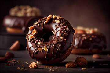 Chocolate donuts with chocolate glaze, nuts. National Donut Day. Generative Ai