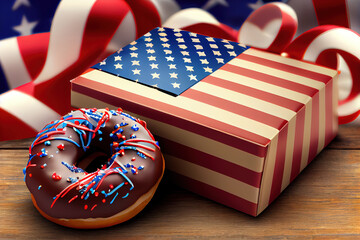 Obraz premium Top view of cupcakes on plate with american flags and statue of liberty. Generative Ai