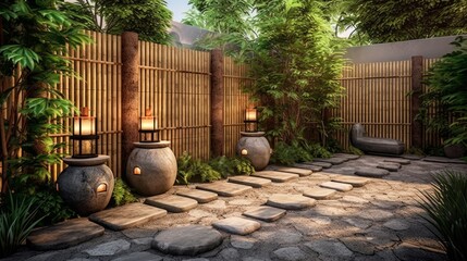 Japanese Zen Garden Patio with Bamboo Fence and Stone Lanterns. Generative AI.