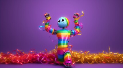 Joyful Gay Robot Dancing with Rainbow Streamers. Generative AI.