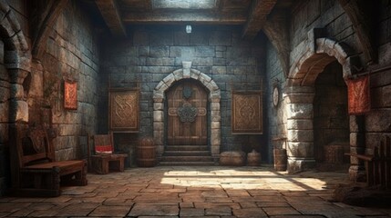 Medieval underground bunker with throne room and armory. Generative AI.