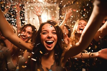 Fototapeta premium Group of young girls and boys friends celebrate New Year's Eve with drinking glasses. Generative AI