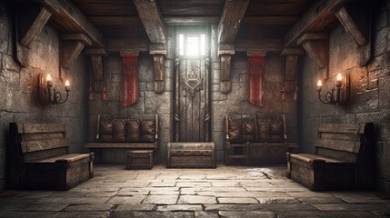 Medieval underground bunker with throne room and armory. Generative AI.