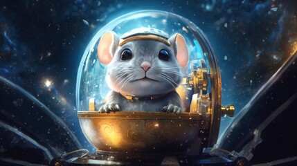 A curious chinchilla peeking out of a mini spaceship, exploring an outer space scene with stars, planets, and a tiny astronaut helmet - Generative ai