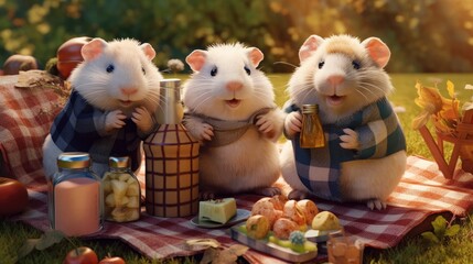 A group of fluffy guinea pigs having a picnic in a mini park, enjoying tiny sandwiches, fruits, and drinks while sitting on a checkered blanket - Generative ai - obrazy, fototapety, plakaty