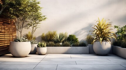 Modern Minimalist Style Patio with Concrete Planters and Potted Plants. Generative AI.