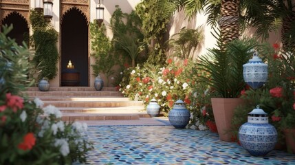 Fototapeta na wymiar Moroccan Style Patio with Mosaic Tiles and Lanterns. Generative AI.