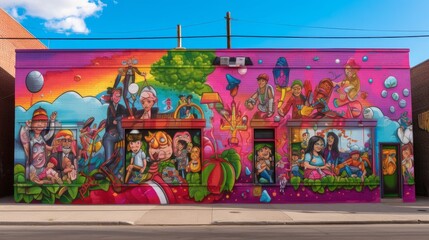 Playful LGBTQ Pride Mural with Cartoon Characters and Whimsical Details. Generative AI.