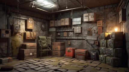 Post-apocalyptic underground bunker with armory and survival room. Generative AI.