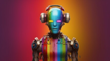 Proud Gay Robot Displaying LGBTQ+ Pride Symbols. Generative AI.