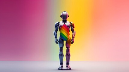 Proud Gay Robot Standing with Rainbow Flag. Generative AI.