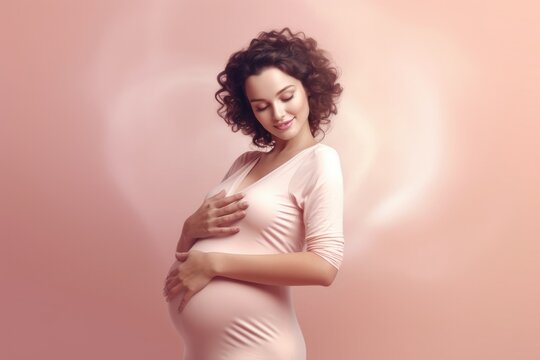Photo of pregnant woman in front of pink background. Generative AI