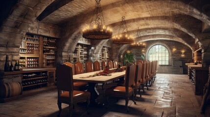 Naklejka premium Rustic underground bunker with wine cellar and dining area. Generative AI.