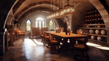 Obraz premium Rustic underground bunker with wine cellar and tasting room. Generative AI.