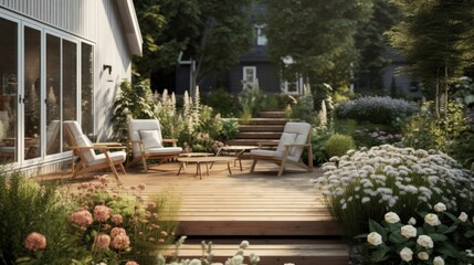 Scandinavian Style Patio with Wooden Deck and Minimalist Furniture. Generative AI.