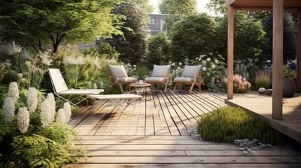 Obraz premium Scandinavian Style Patio with Wooden Deck and Minimalist Furniture. Generative AI.
