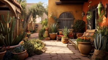 Fototapeta na wymiar Southwestern Style Patio with Adobe Walls and Succulent Garden. Generative AI.