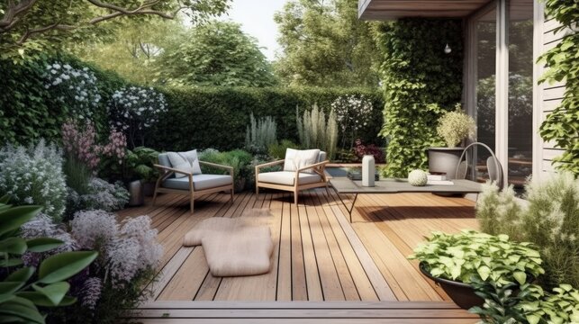 Scandinavian Style Patio with Wooden Deck and Minimalist Furniture. Generative AI.