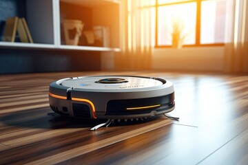 Photo of a robot vacuum cleaner sweeping and cleaning floors in the room. Generative AI