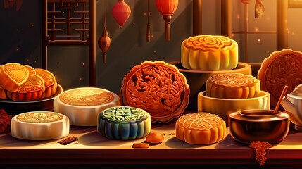 Traditional mooncakes on table setting. snowy skin mooncakes. chinese mid autumn festival foods. Generative Ai