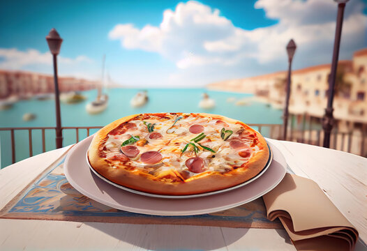 Day view of pizza served on a dish with blurred background sea view. Generative Ai