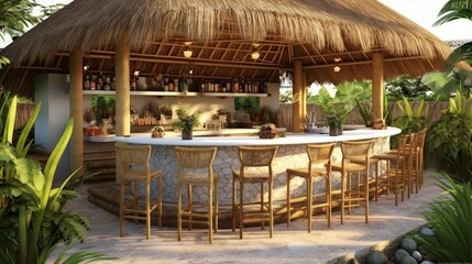 Tropical Style Patio with Thatched Roof and Outdoor Bar. Generative AI.