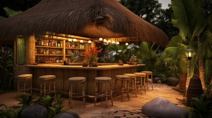 Tropical Style Patio with Thatched Roof and Outdoor Bar. Generative AI.
