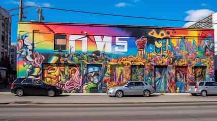 Obraz na płótnie Canvas Urban LGBTQ Pride Mural with Bold Typography and Cityscape Background. Generative AI.