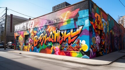 Fototapeta na wymiar Urban LGBTQ Pride Mural with Bold Typography and Cityscape Background. Generative AI.