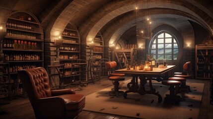 Victorian underground bunker with wine cellar and tasting room. Generative AI.