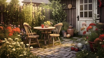 Fototapeta na wymiar Vintage Country Style Patio with Wooden Furniture and Wildflowers. Generative AI.
