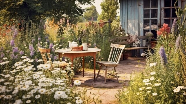 Vintage Country Style Patio with Wooden Furniture and Wildflowers. Generative AI.