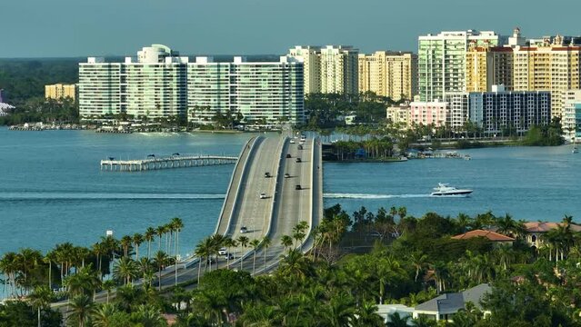 Sarasota city downtown with Ringling Bridge and expensive waterfront high-rise buildings in Florida. Urban travel destination in the USA