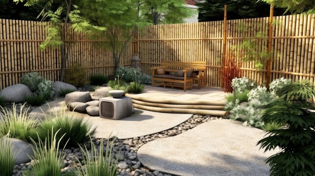 Zen Garden Patio with Bamboo Fence and Stone Fountain. Generative AI.