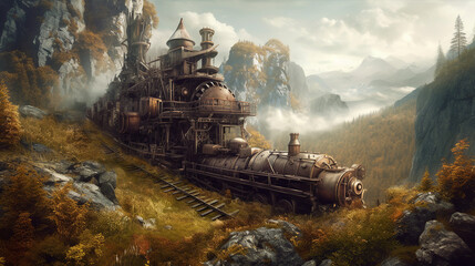 Fototapeta premium steam trainboat, generative, ai, steampunk, retro, vintage
