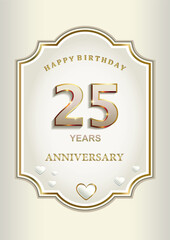 Anniversary 25th years, greeting card with hearts in an elegant curly frame, festive background, vector design for celebration, invitation, congratulation