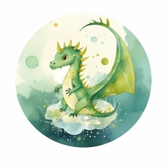 Green dragon. Symbol of the year 2024. Cartoon character. watercolor illustration. AI Generated.