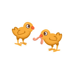 Cartoon little hens for kids. Chicken eats a worm