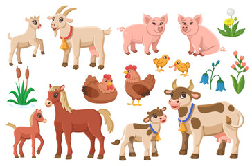 Set of farm animals in a cartoon style. Vector illustration of cow, goat, horse, chicken, pig. Illustrations on white background for children