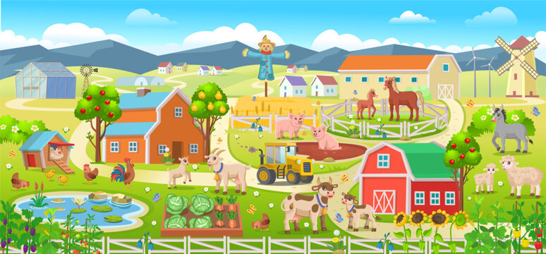 Farm panorama with a greenhouse, barn, houses, mills, fields, trees and farm animals.Big scene with farm animals for kids.Vector illustration in cartoon style.
