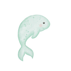 Set of sea animals. Blue watercolor ocean fish, Medusa, whale, seahorse