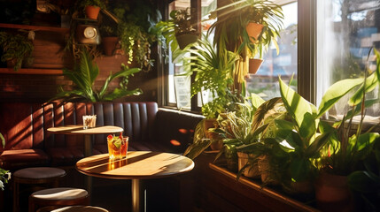 Fototapeta na wymiar Serene Cafe Vibes - Cozy Morning at the Warm Cafe